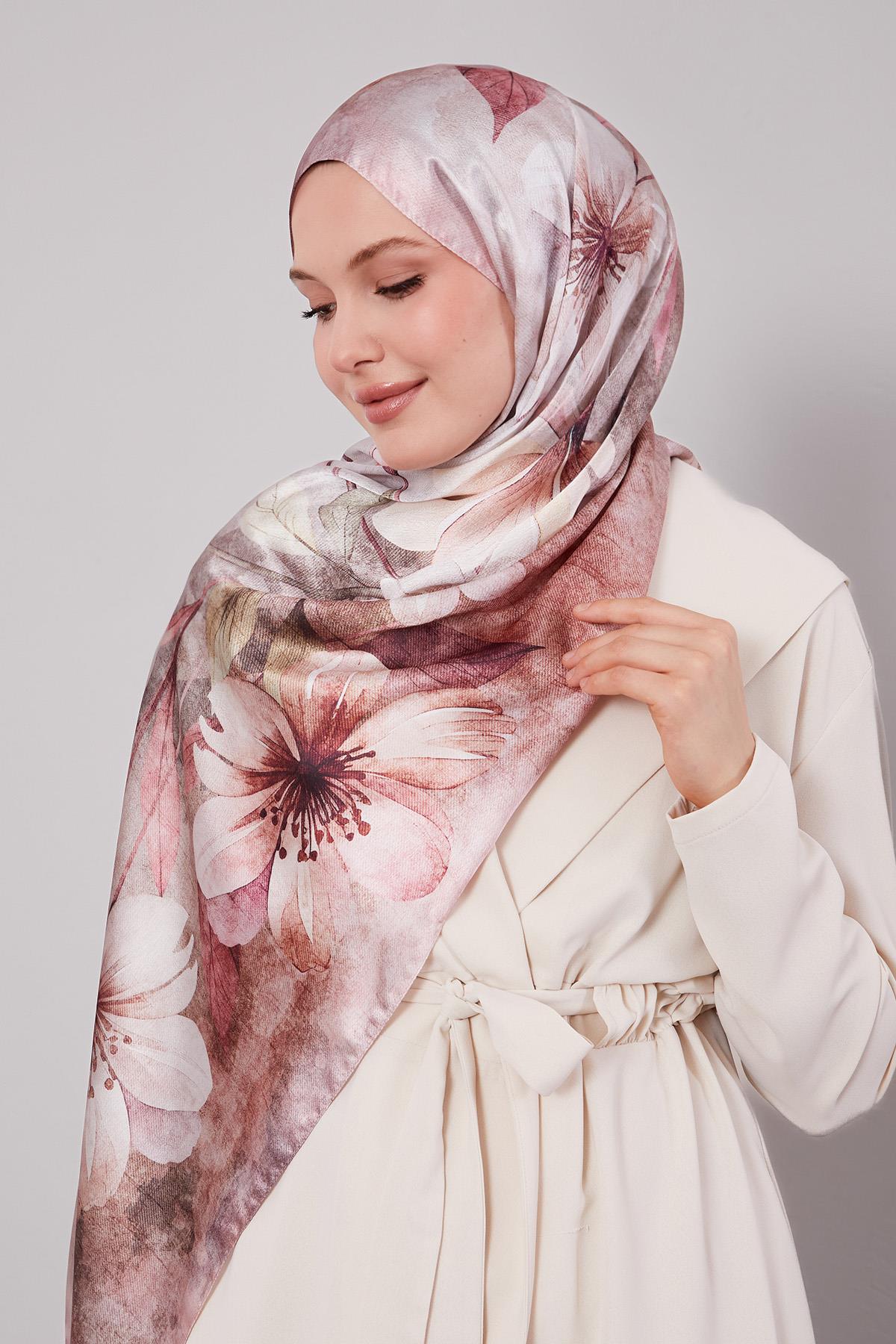 Fivescarf A.Pembe Lale Desen Vual İpek Şal