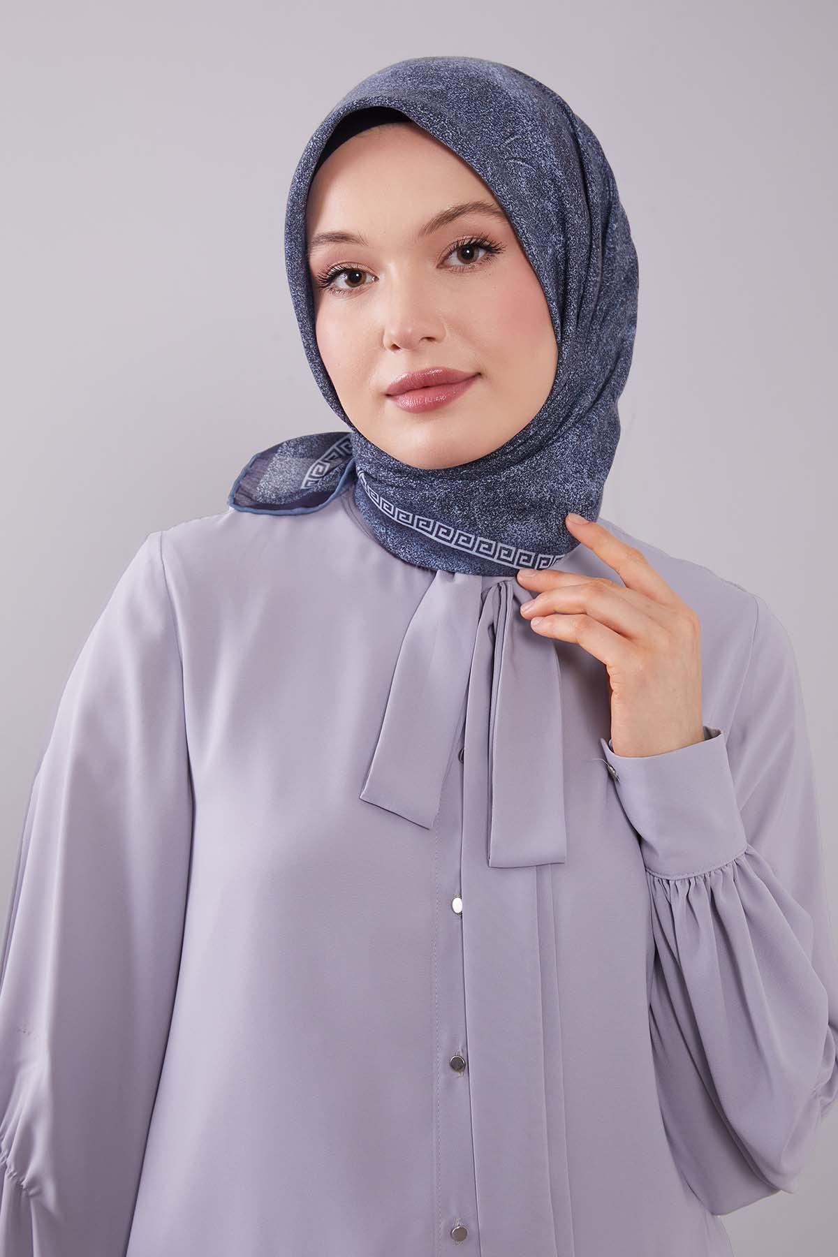 Fivescarf A.Lacivert Kenar Motifli Silk Cotton Eşarp