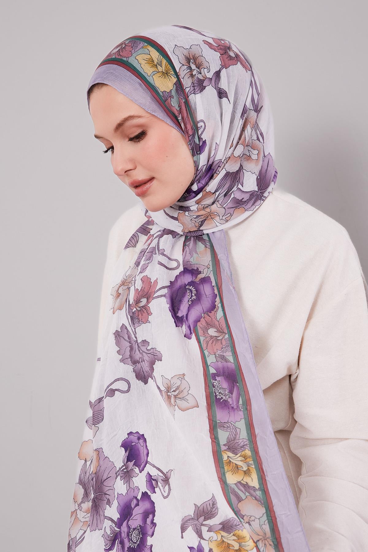 Fivescarf A.Lila Kenar Çiçek Desenli Craze Comfort Şal