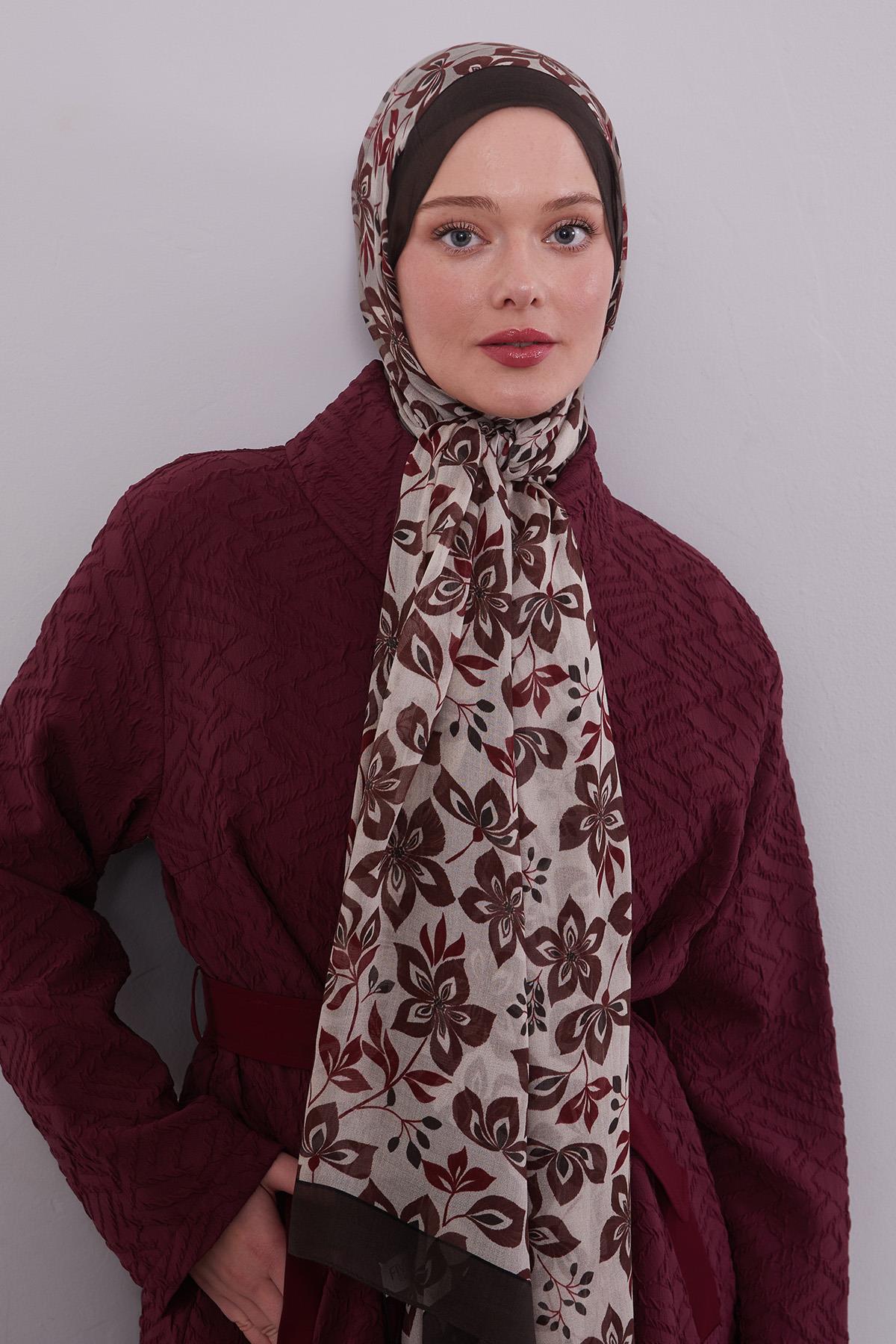 Fivescarf Acı Kahve Çiçek Desenli Vivian Şal
