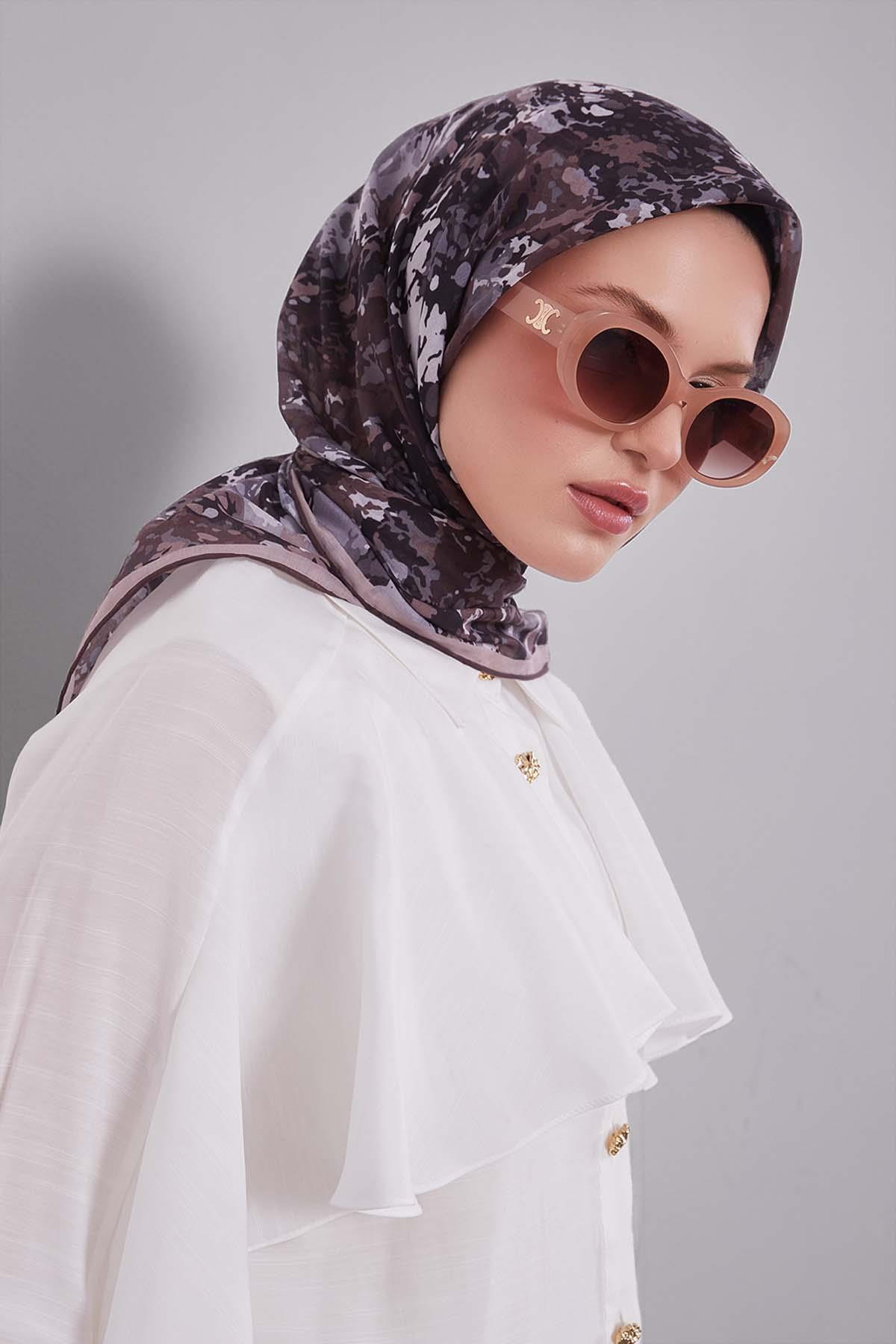 Fivescarf Acı Kahve Damla Desen Silk Coton Eşarp