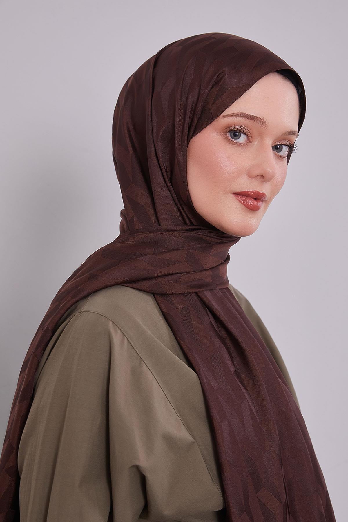 Fivescarf Acı Kahve Geometrik Desen Jakar Şal