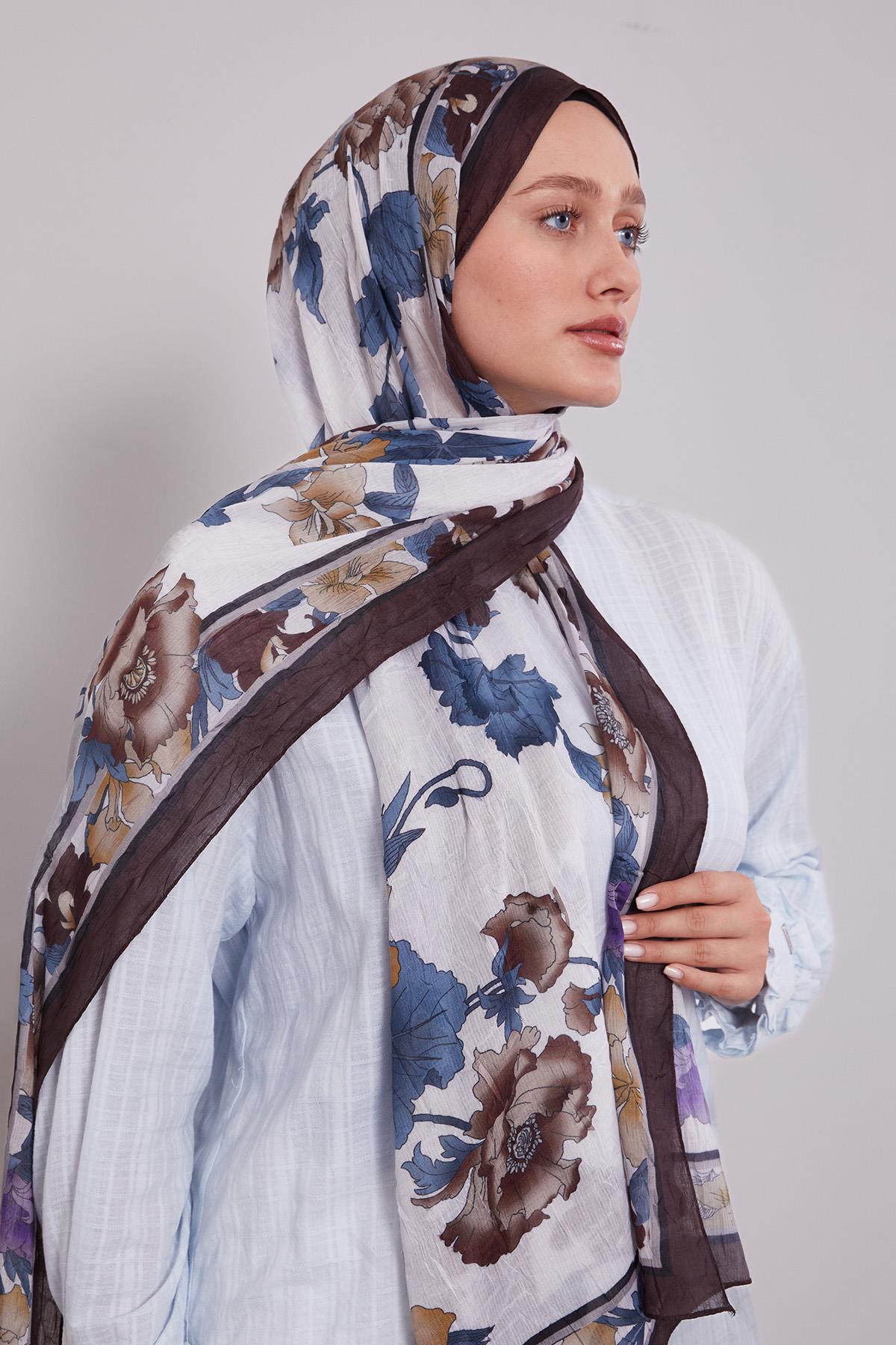 Fivescarf Acı Kahve Kenar Çiçek Desenli Craze Comfort Şal