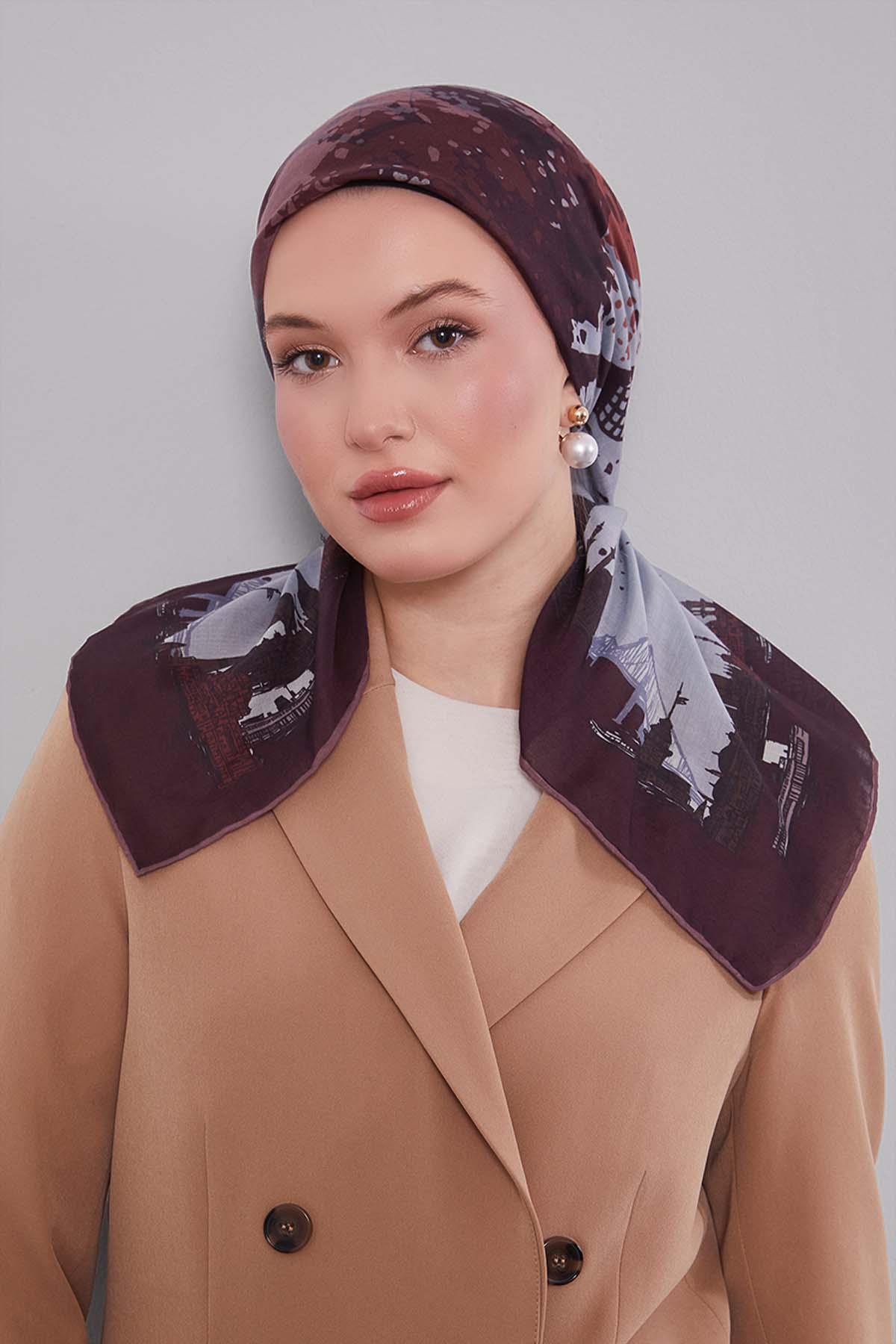 Fivescarf Acı Kahve Manzara Desen Silk Coton Eşarp