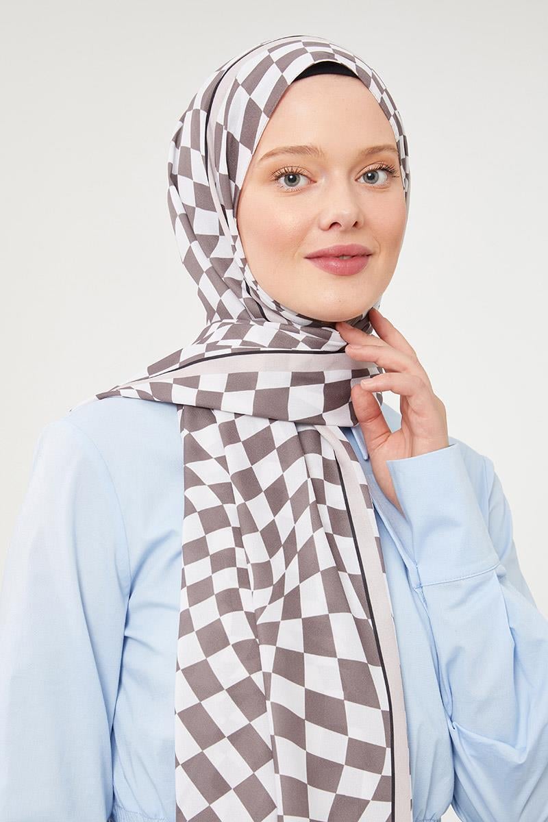 Fivescarf Antrasit Dama Desen Mono Krep Şal