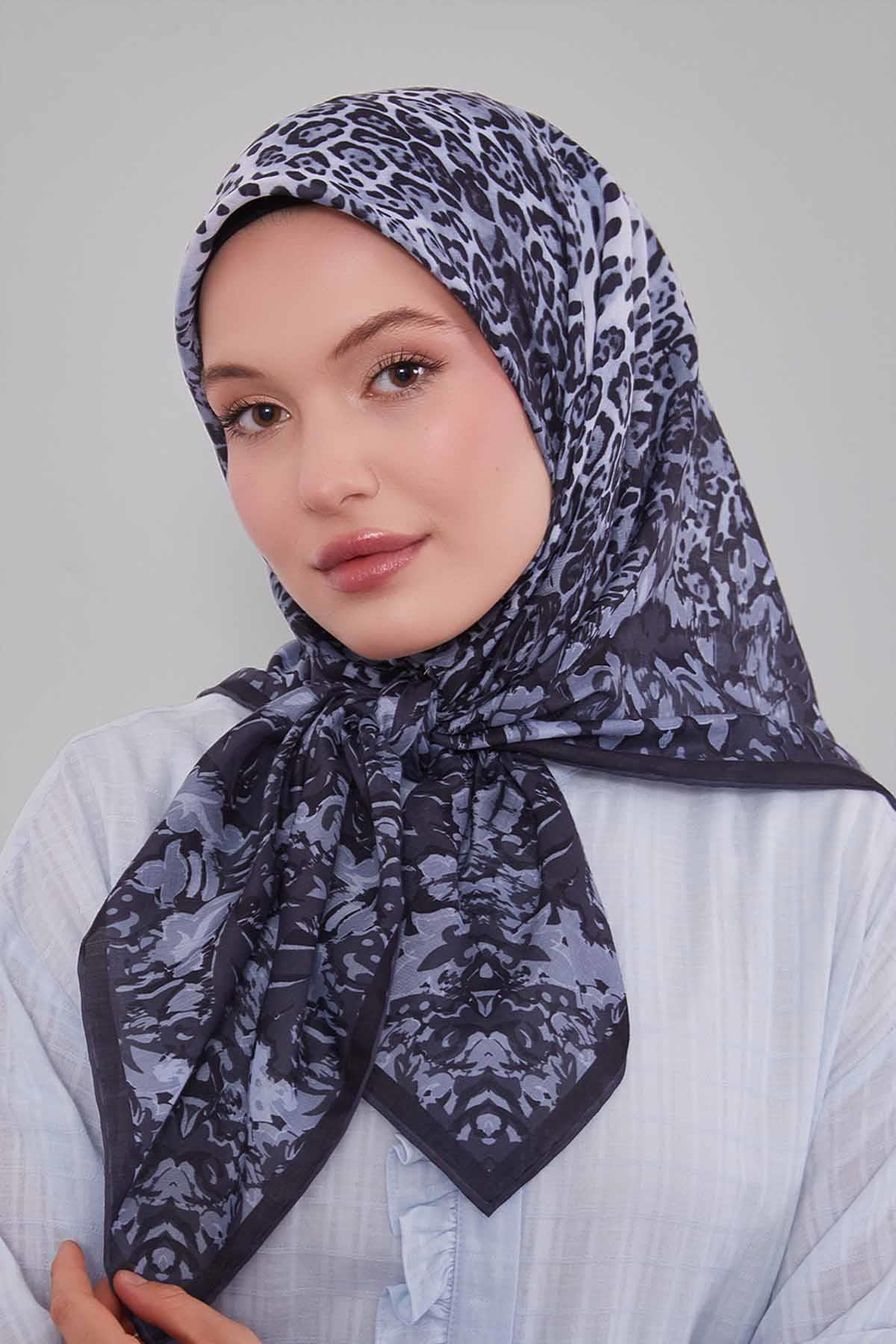 Fivescarf Antrasit Karışık Leopar Desen Silk Coton Eşarp