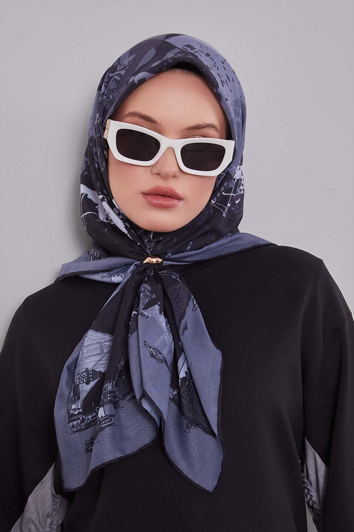 Fivescarf Antrasit Manzara Desen Silk Coton Eşarp