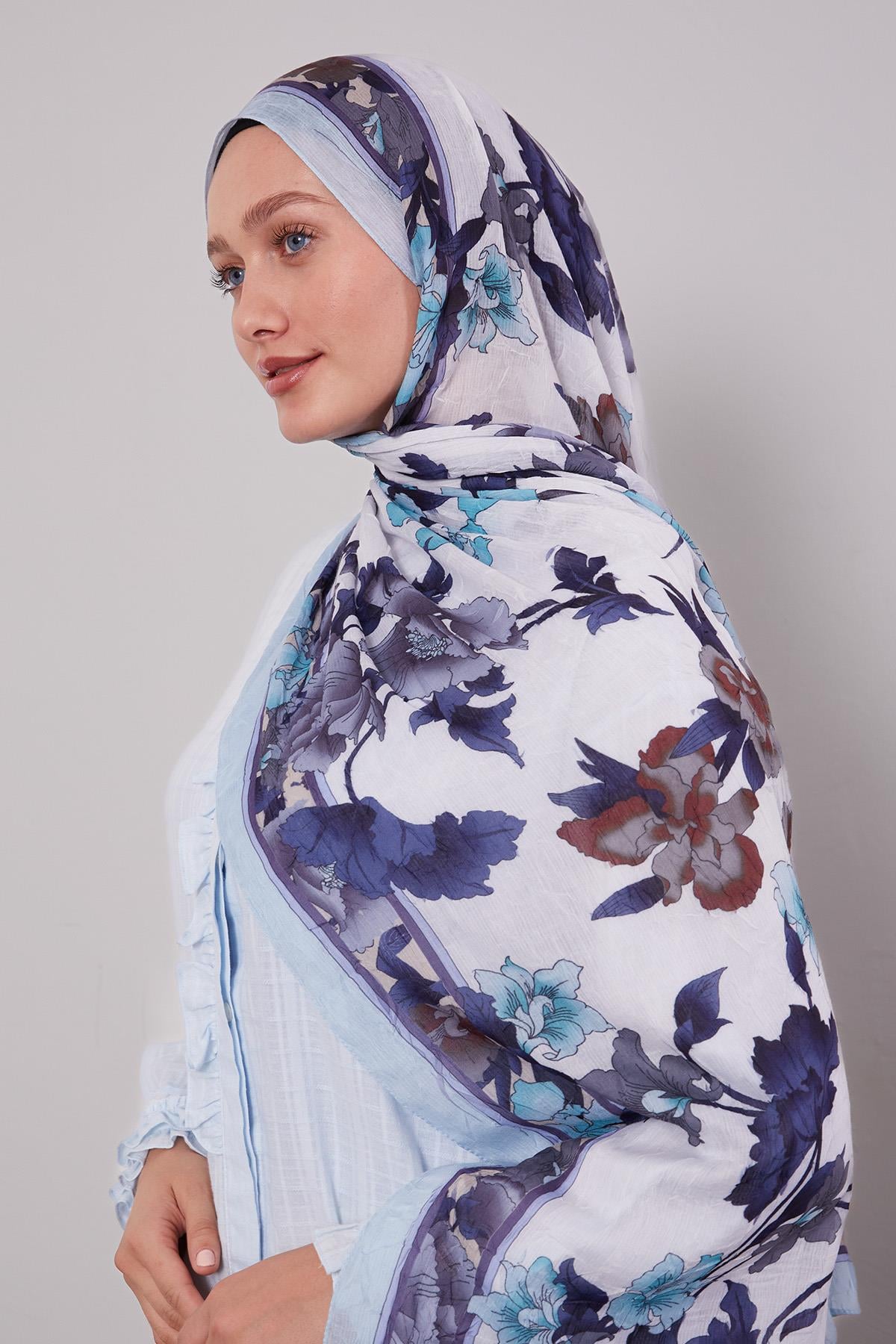 Fivescarf Bebe Mavisi Kenar Çiçek Desenli Craze Comfort Şal