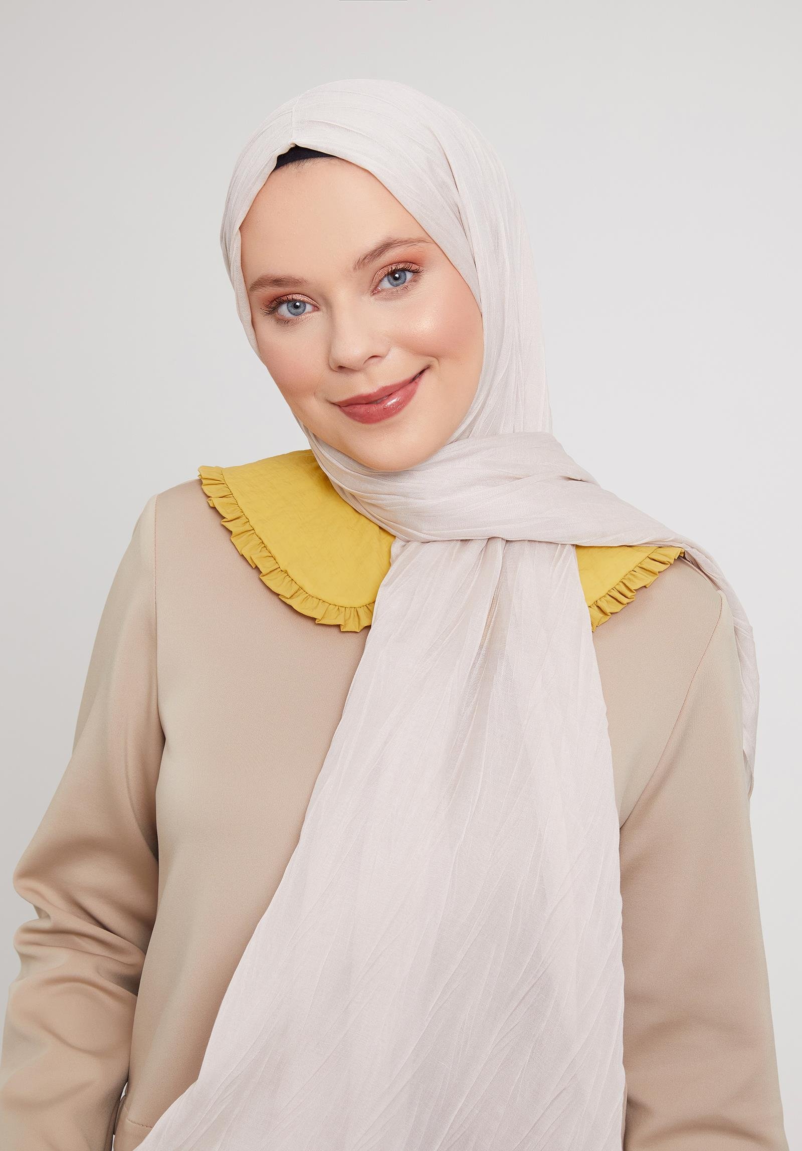 Fivescarf Bej Pliseli Pamuklu Şal