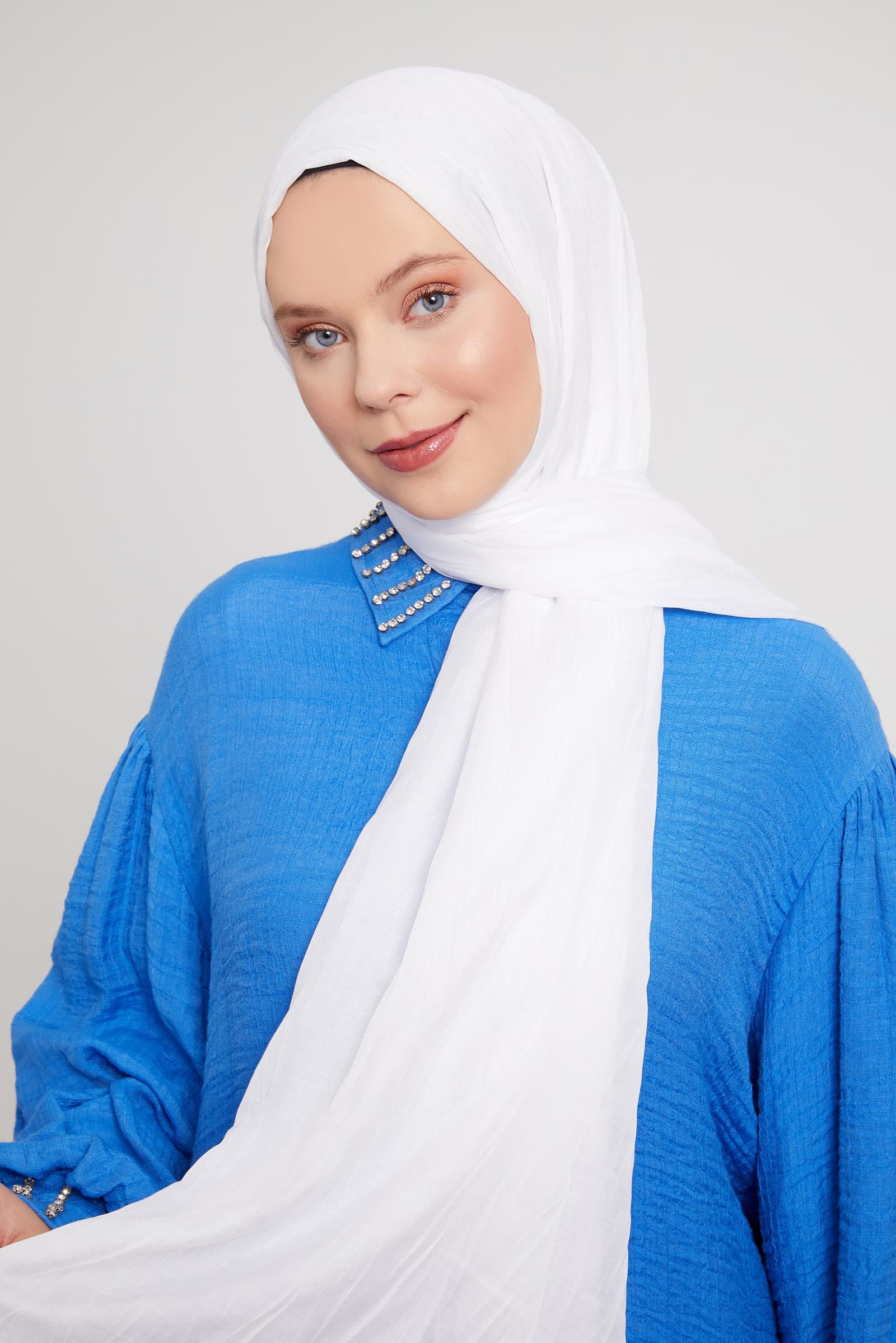 Fivescarf Beyaz Pliseli Pamuklu Şal