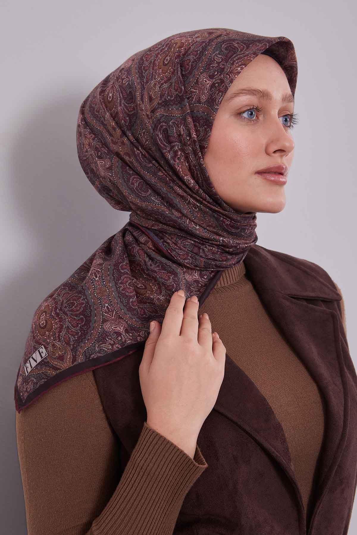 Fivescarf Bordo Çini Desen Silk Coton Eşarp