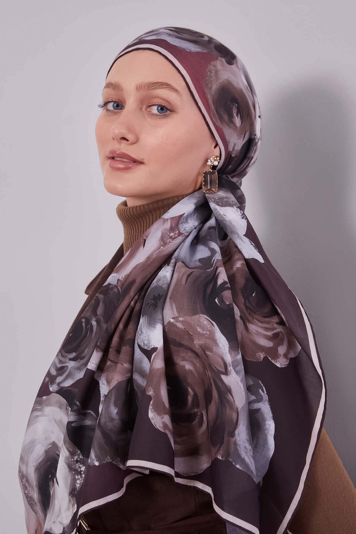 Fivescarf Çikolata Kahve Çiçek Desen Slik Coton Eşarp