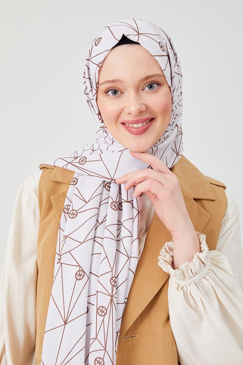 Fivescarf Çikolata Kahve Geometrik Desen Violet Medine İpeği Şal