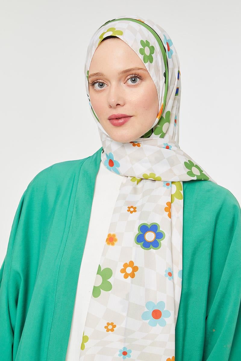 Fivescarf Çimen Yeşili Çiçek Desen Mono Krep Şal
