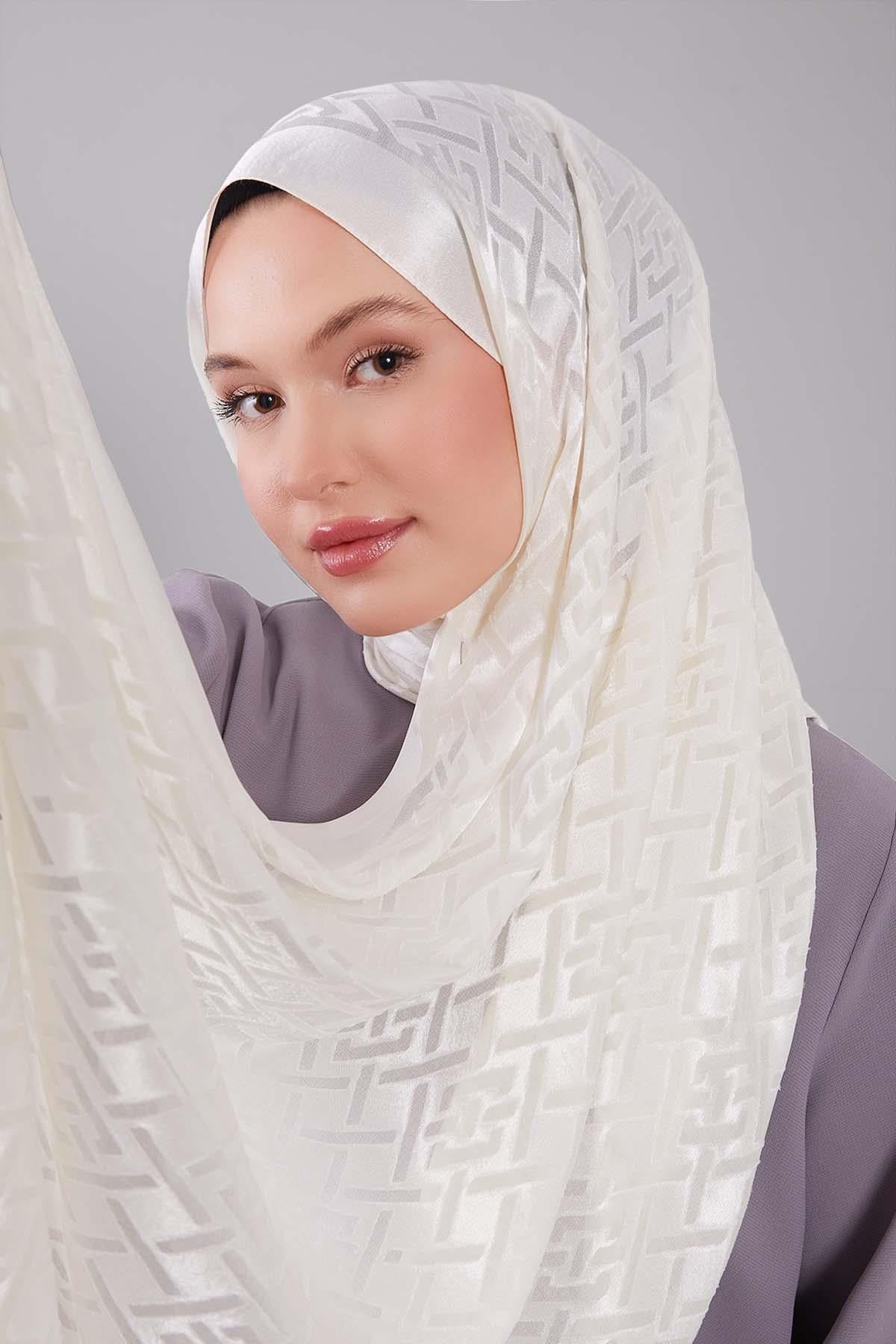 Fivescarf Ekru Geometrik Desen Deluxe Devore Şal