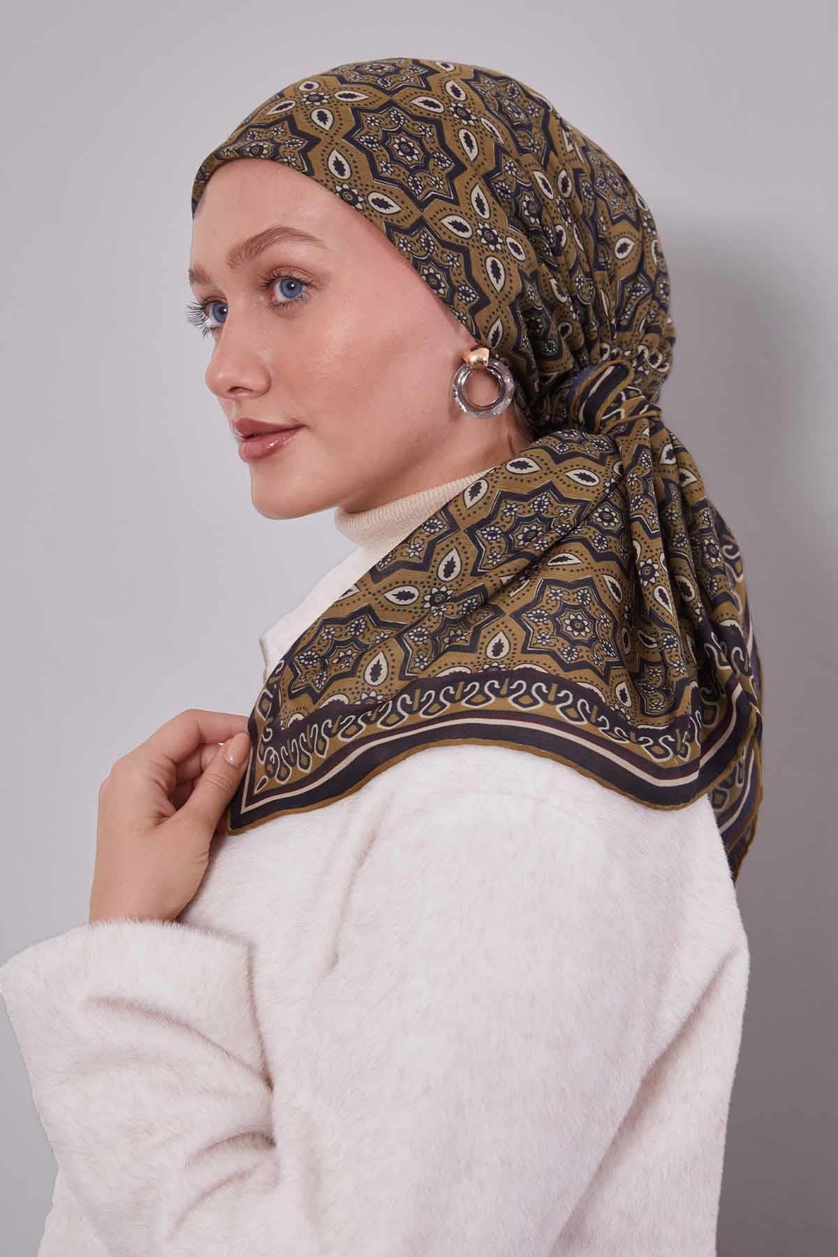 Fivescarf Fıstık Yeşili Motif Desen Silk Coton Eşarp