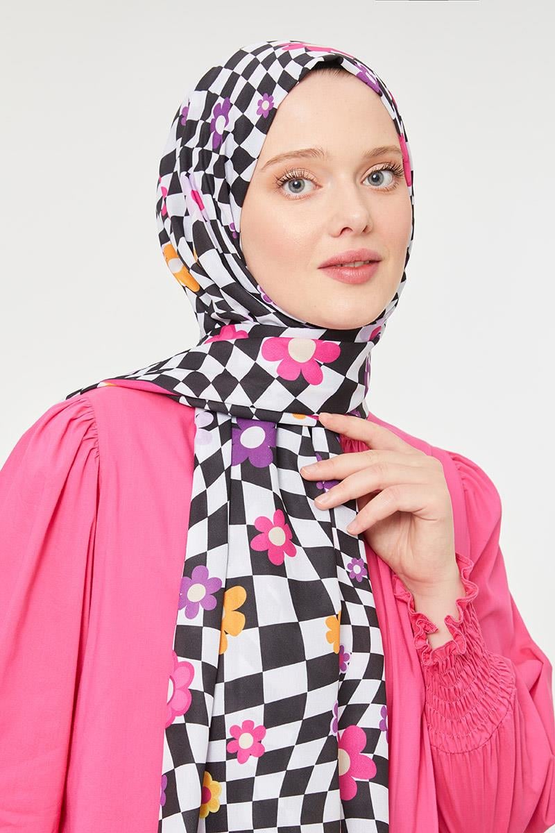 Fivescarf Fuşya Çiçek Desen Mono Krep Şal