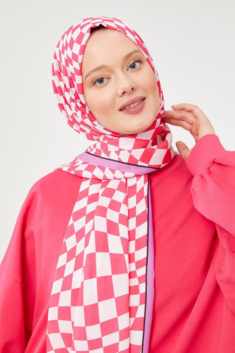 Fivescarf Fuşya Dama Desen Mono Krep Şal