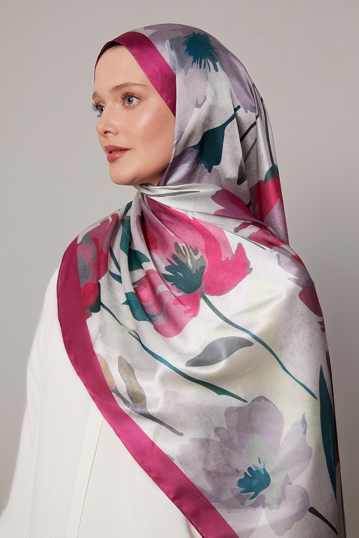 Fivescarf Fuşya Somut Çiçek Desenli Vual İpek Şal