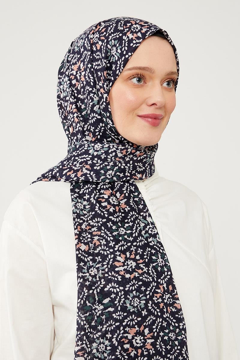 Fivescarf Gece Mavisi Desenli Cotton Şal