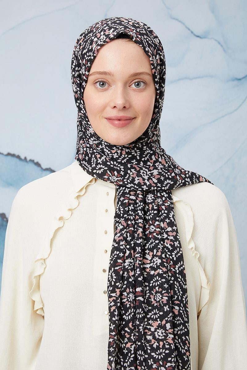 Fivescarf Gece Siyahı Desenli Cotton Şal