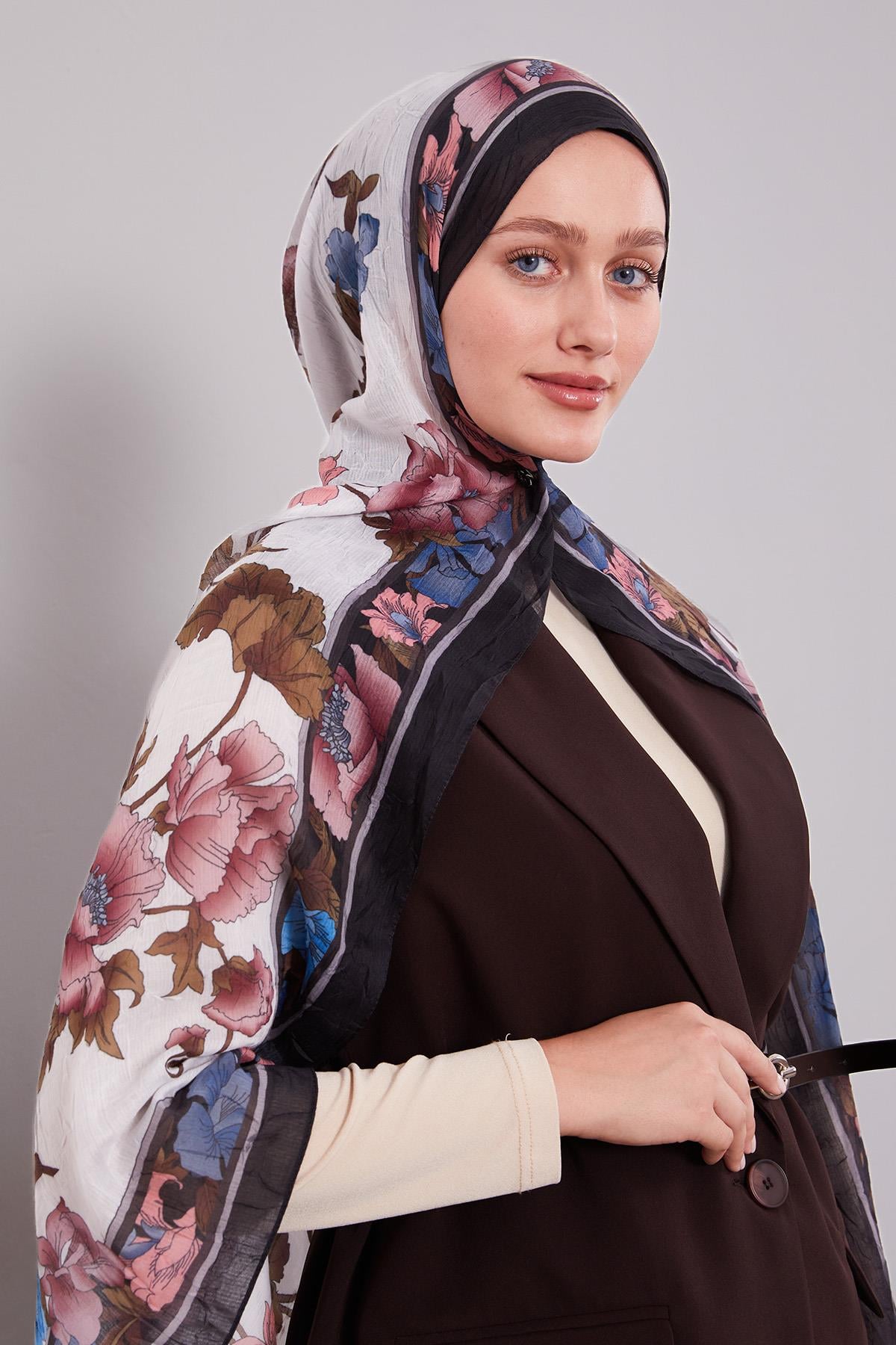 Fivescarf Gece Siyahı Kenar Çiçek Desenli Craze Comfort Şal