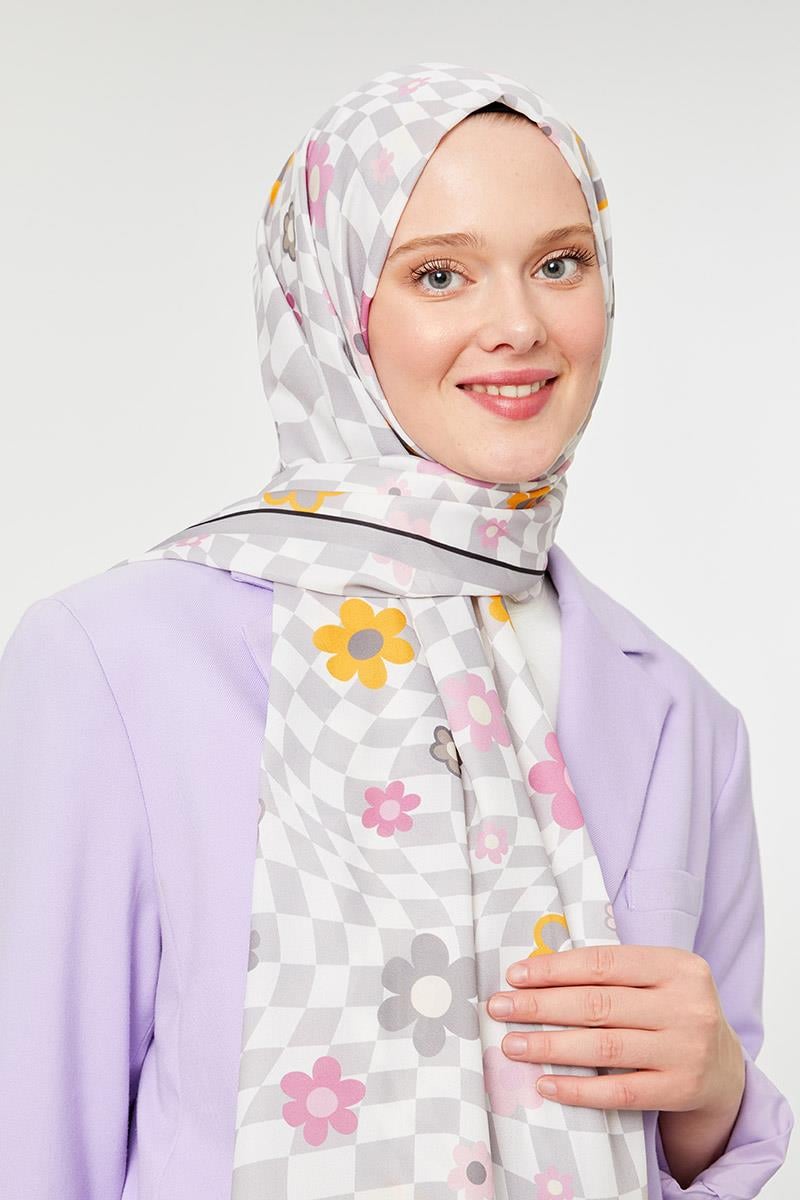 Fivescarf Gri Çiçek Desen Mono Krep Şal