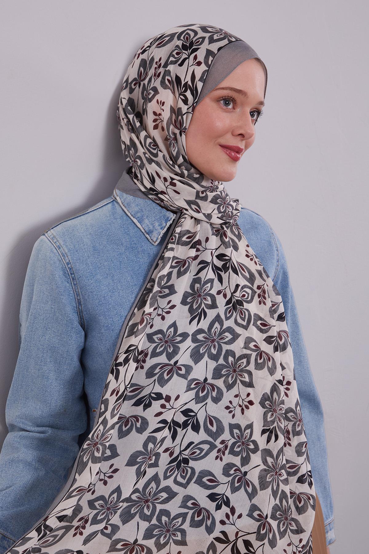 Fivescarf Gri Çiçek Desenli Vivian Şal