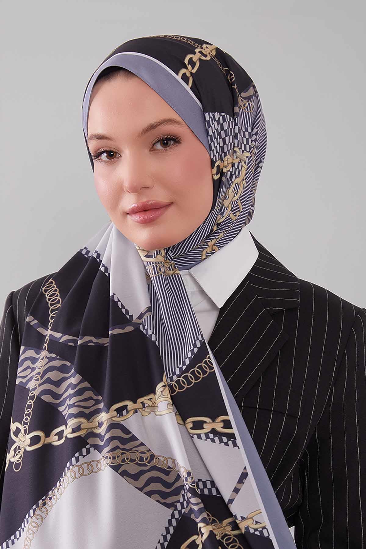 Fivescarf Gri Gold Zincir Desen Moos Chrep Şal
