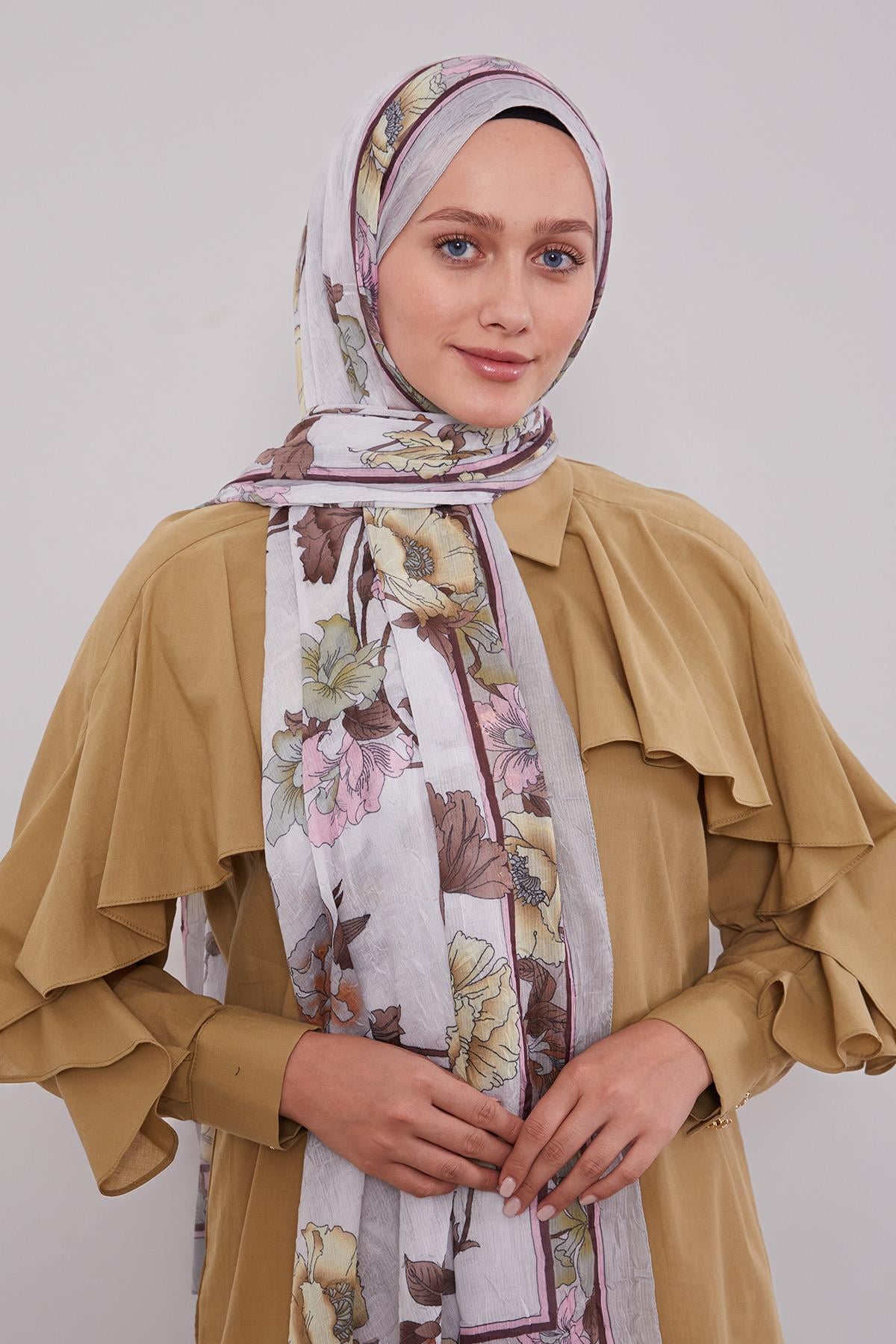 Fivescarf Gri Kenar Çiçek Desenli Craze Comfort Şal