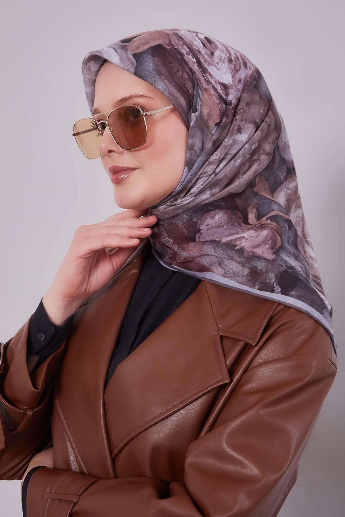 Fivescarf Gri Lale Desen Silk Coton Eşarp