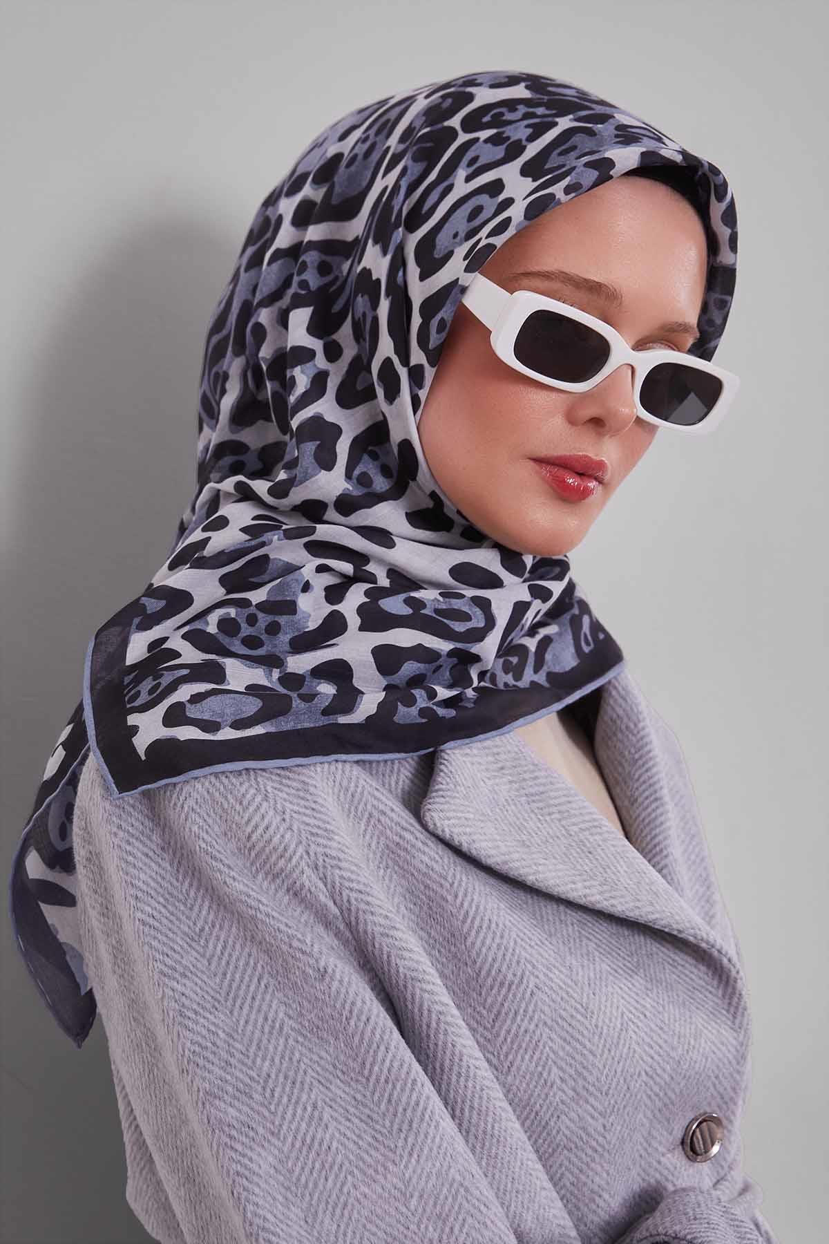 Fivescarf Gri Leopar Desen Silk Coton Eşarp
