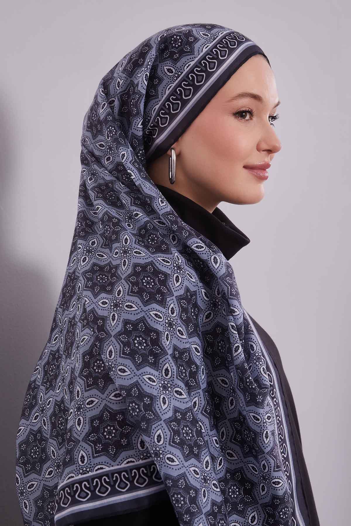 Fivescarf Gri Motif Desen Silk Coton Eşarp