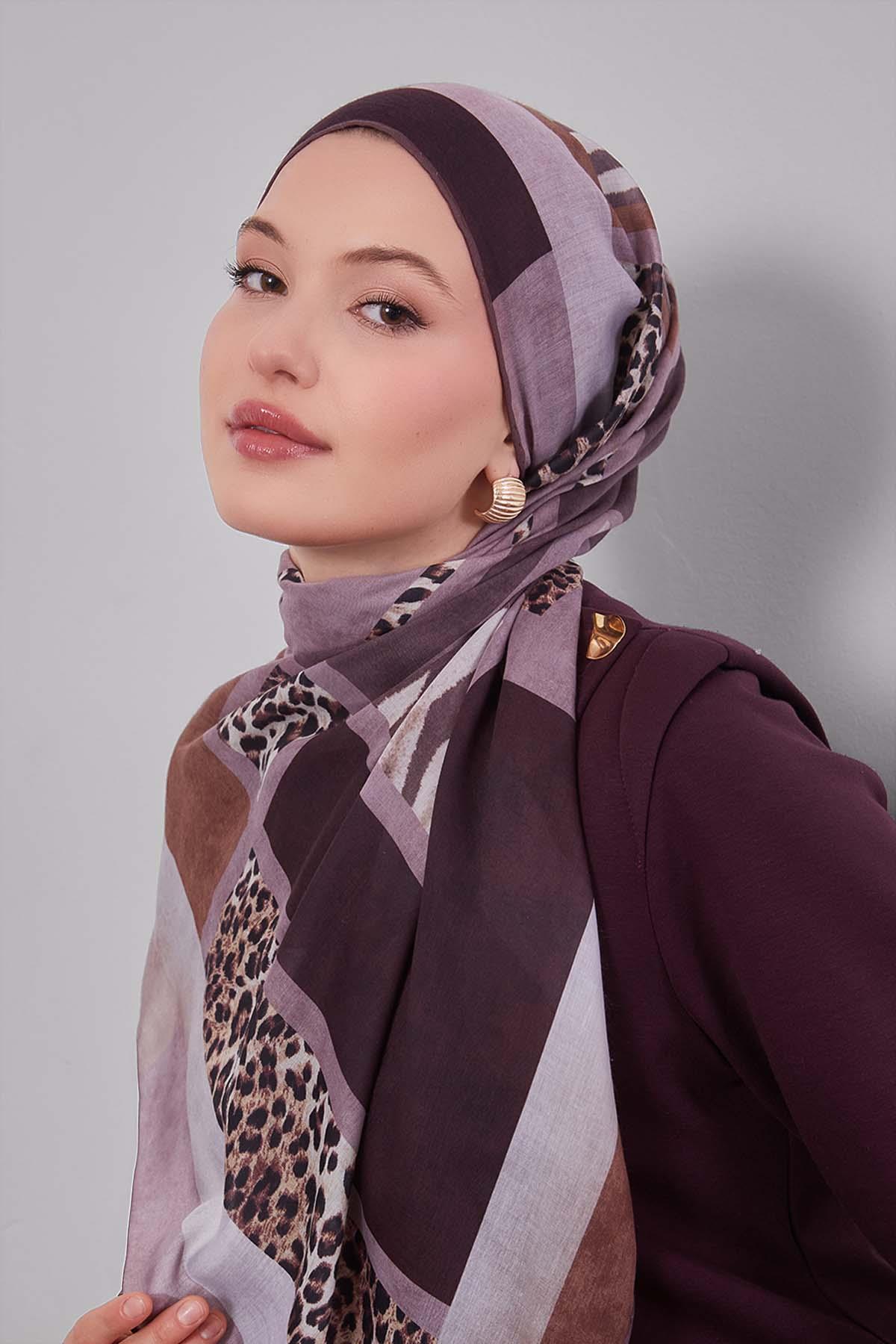 Fivescarf Gül Kenar Leopar Desenli Slik Coton Eşarp