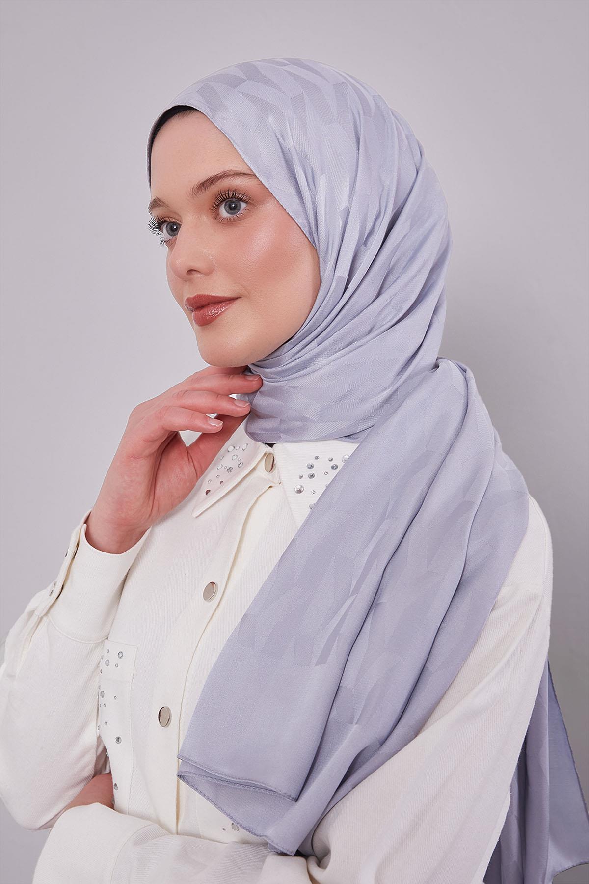 Fivescarf Gümüş Geometrik Desen Jakar Şal