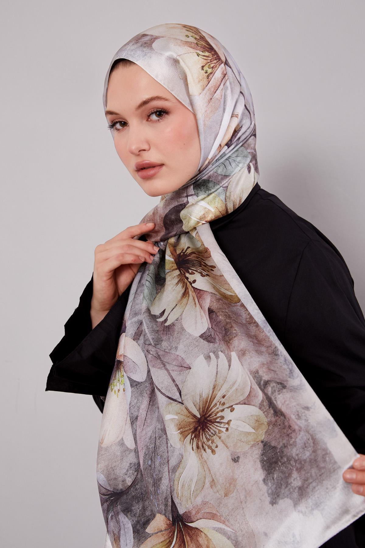 Fivescarf Gümüş Lale Desen Vual İpek Şal