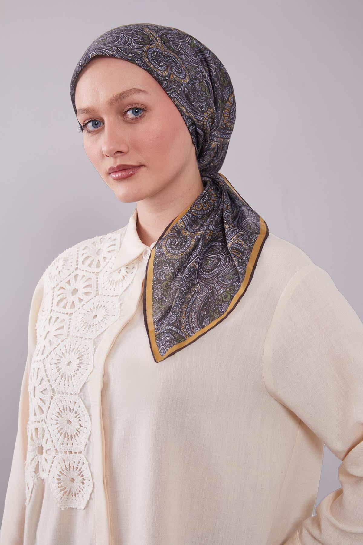 Fivescarf Haki Etnik Desen Silk Cotton Eşarp