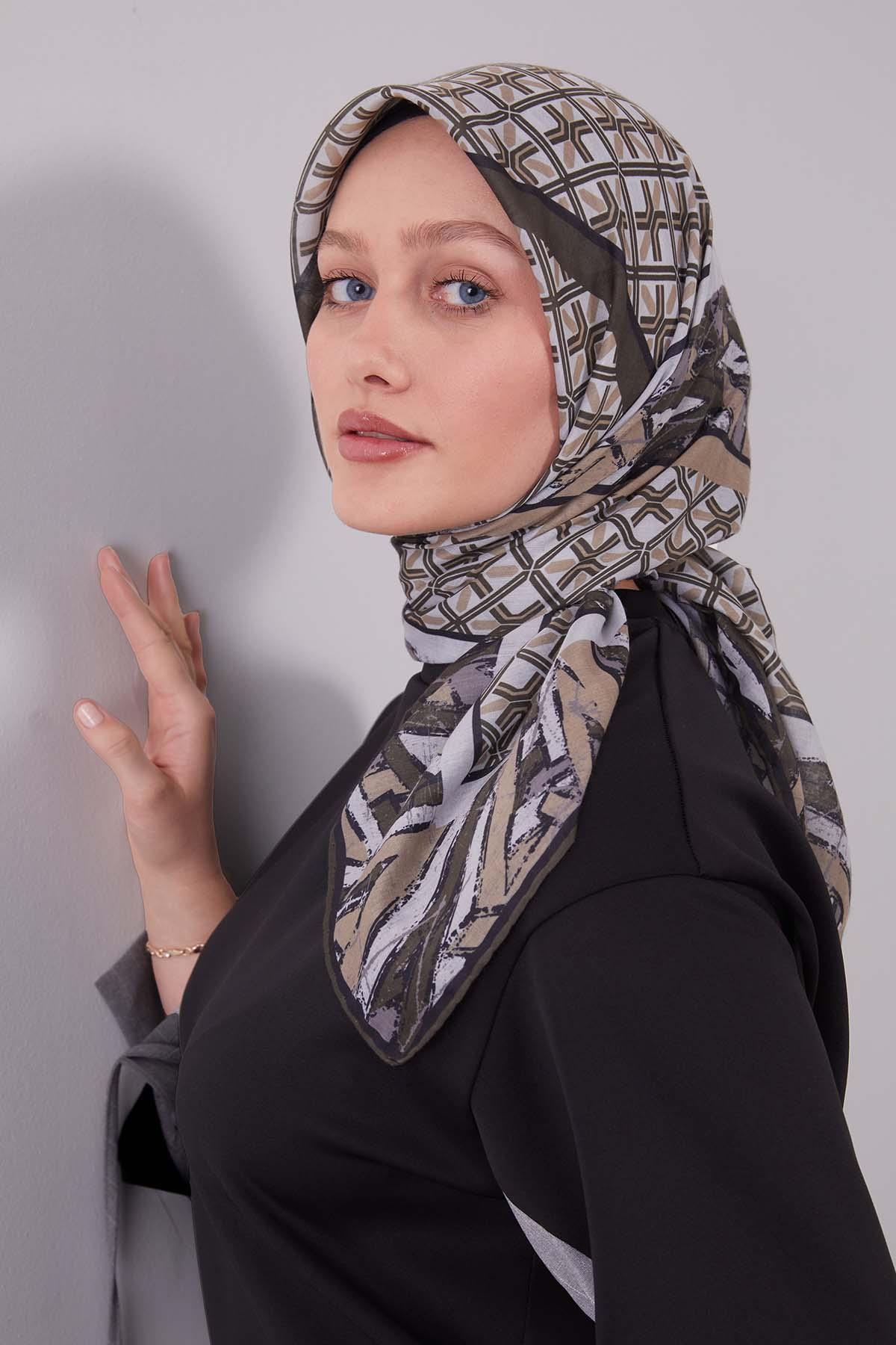Fivescarf Haki Geometri Desen Silk Cotton Eşarp