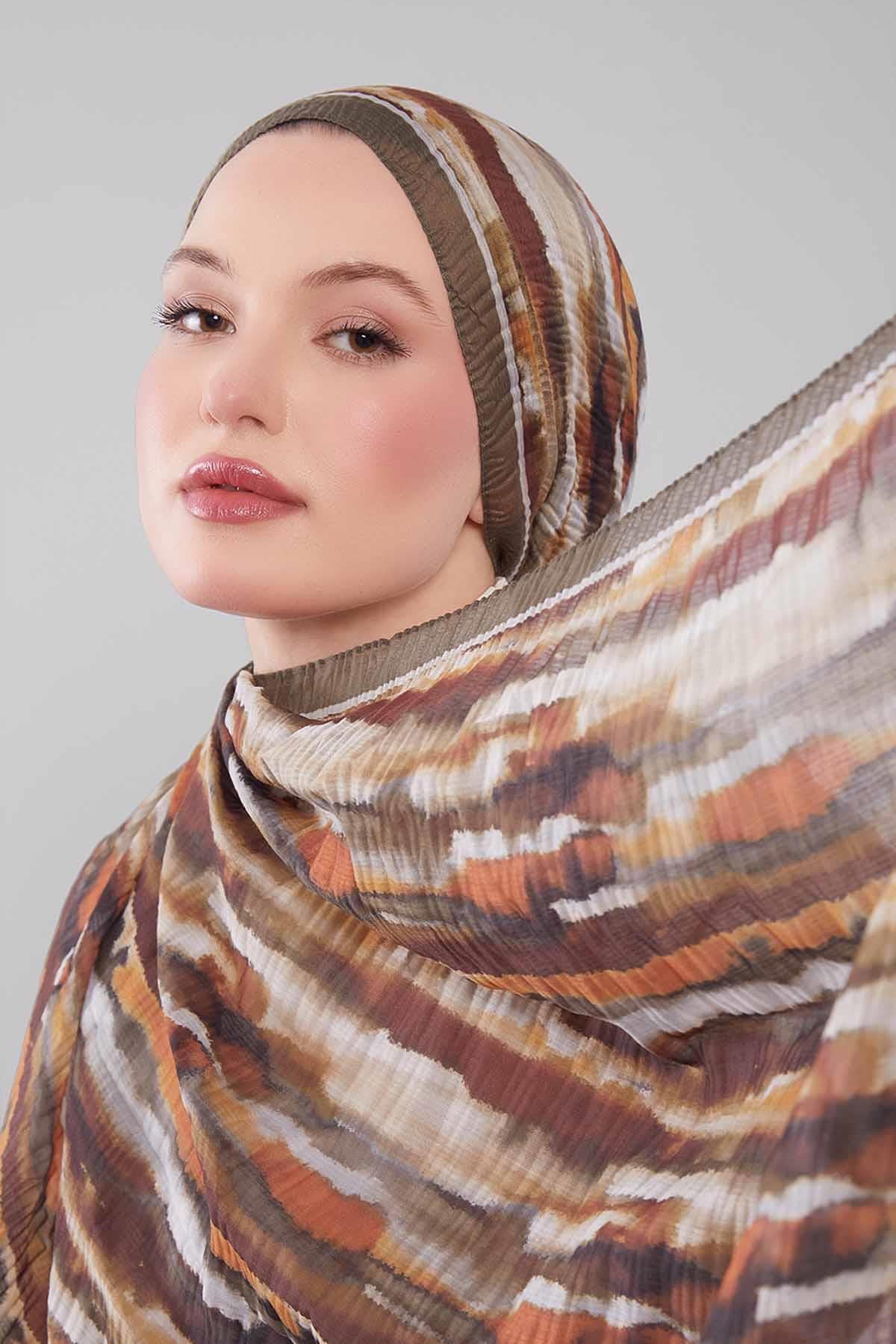 Fivescarf Haki Harmal Desen Müslin Cotton Şal
