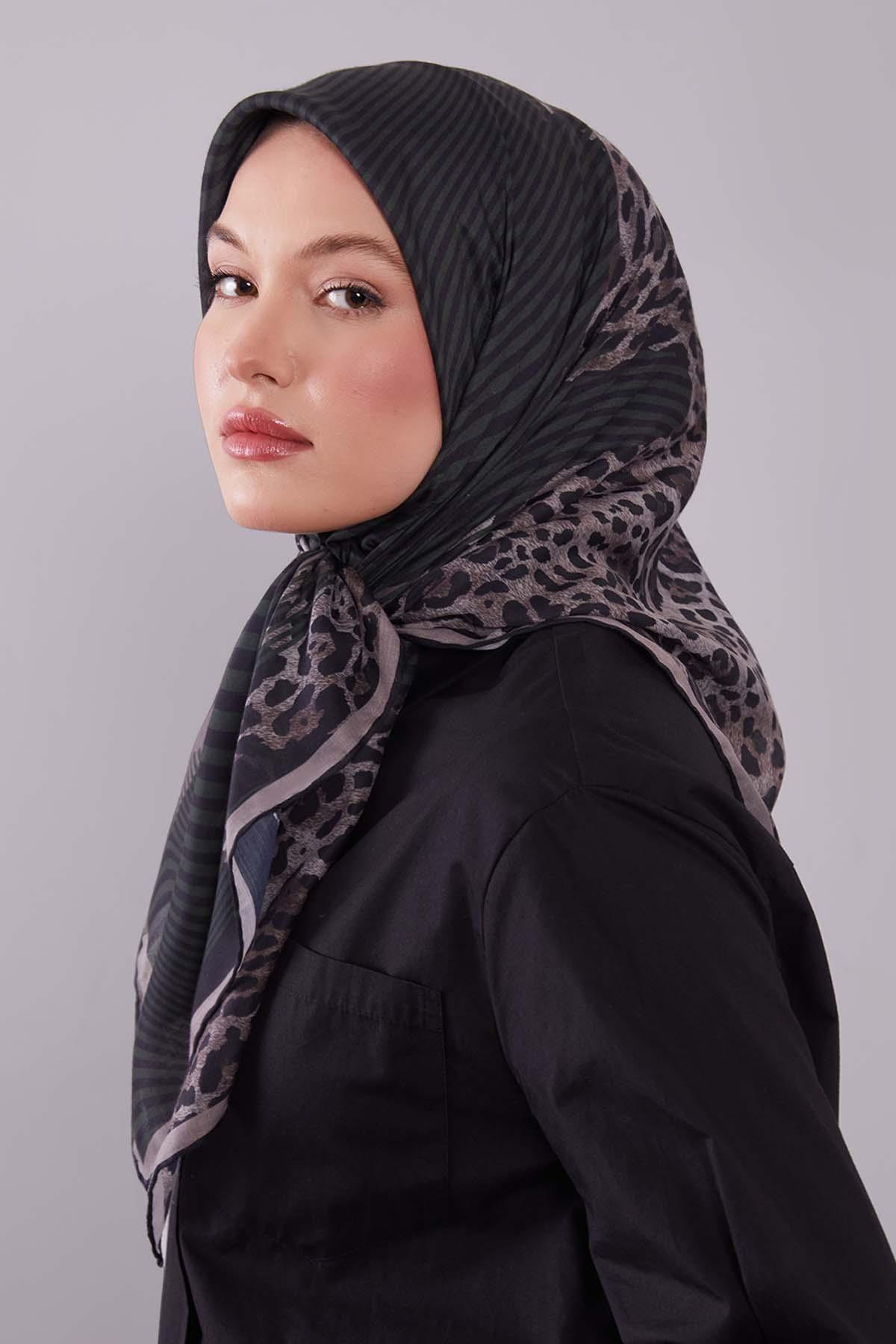Fivescarf Haki Leopar Desen Silk Coton Eşarp