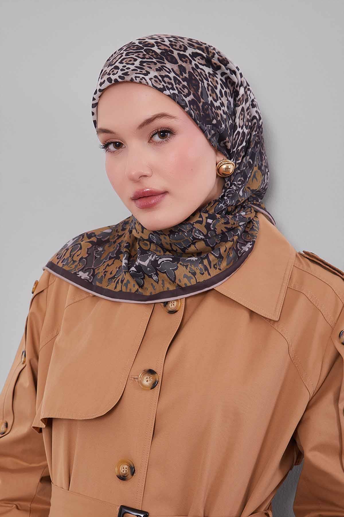 Fivescarf Hardal Karışık Leopar Desen Silk Coton Eşarp