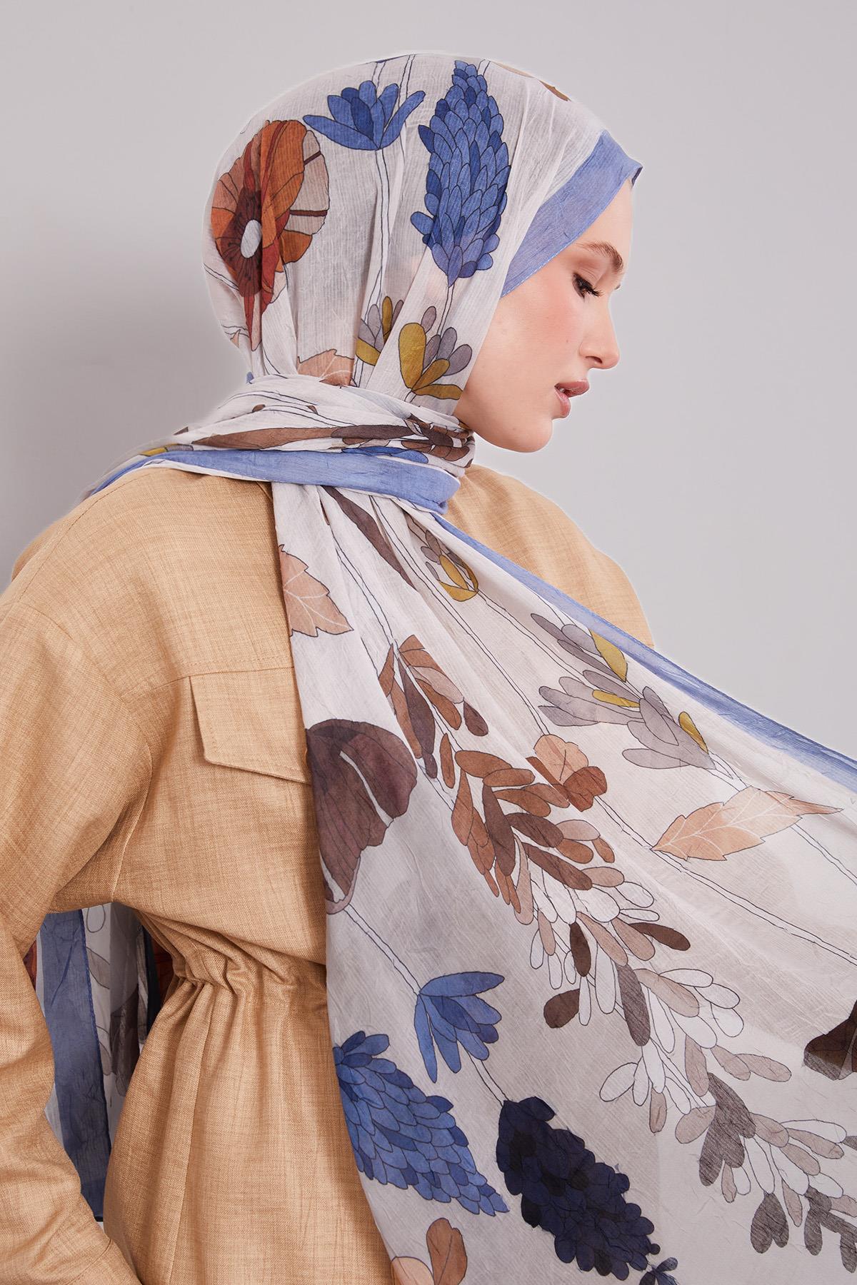 Fivescarf İndigo Büyük Çiçek Desenli Craze Comfort Şal
