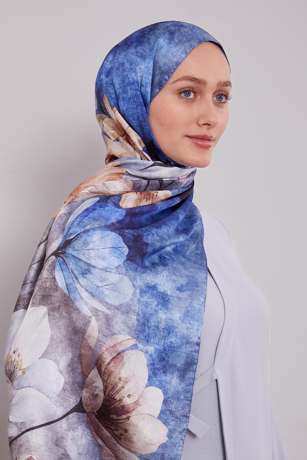 Fivescarf İndigo Lale Desen Vual İpek Şal