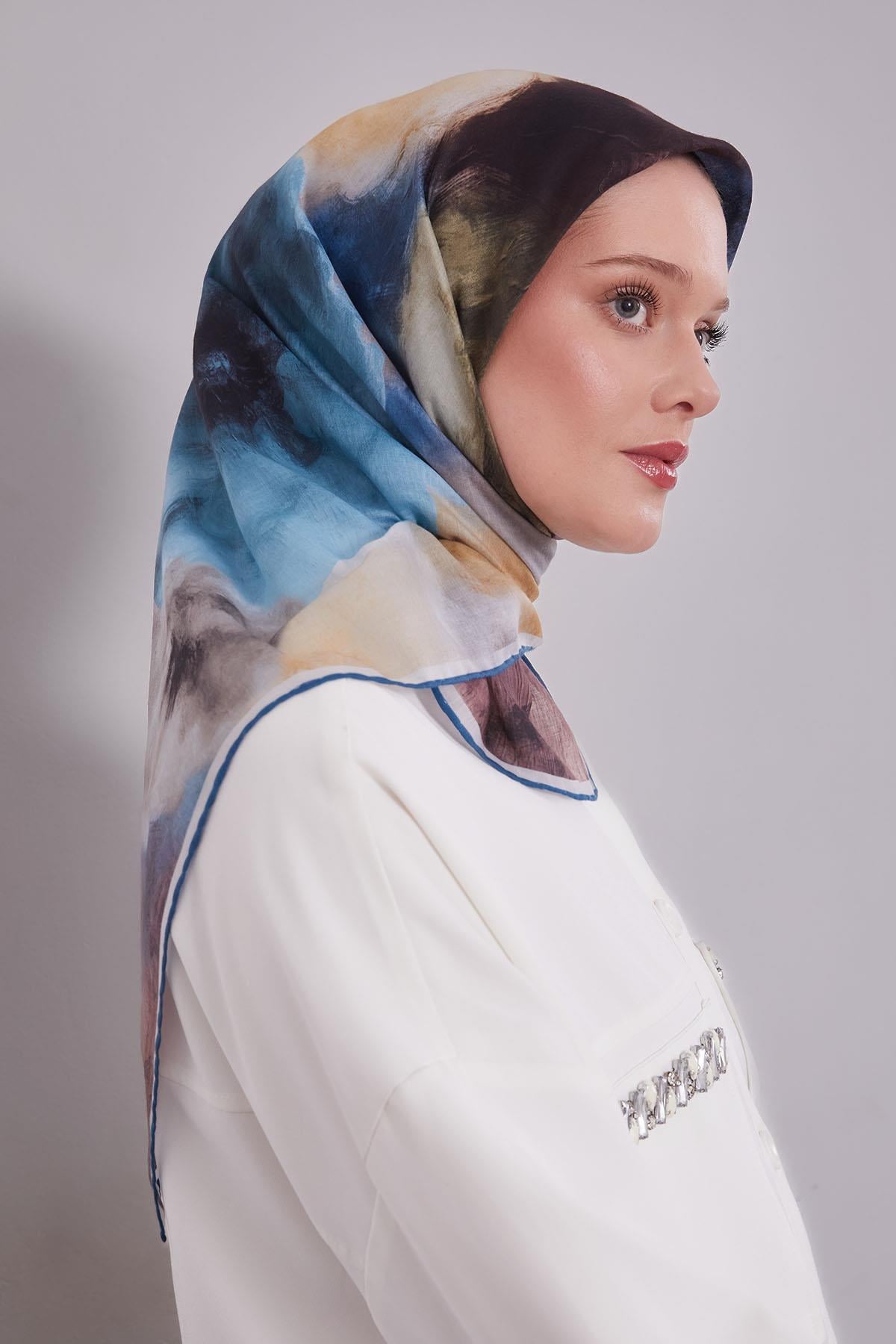 Fivescarf İndigo Lotus Çiçeği Silk Coton Eşarp