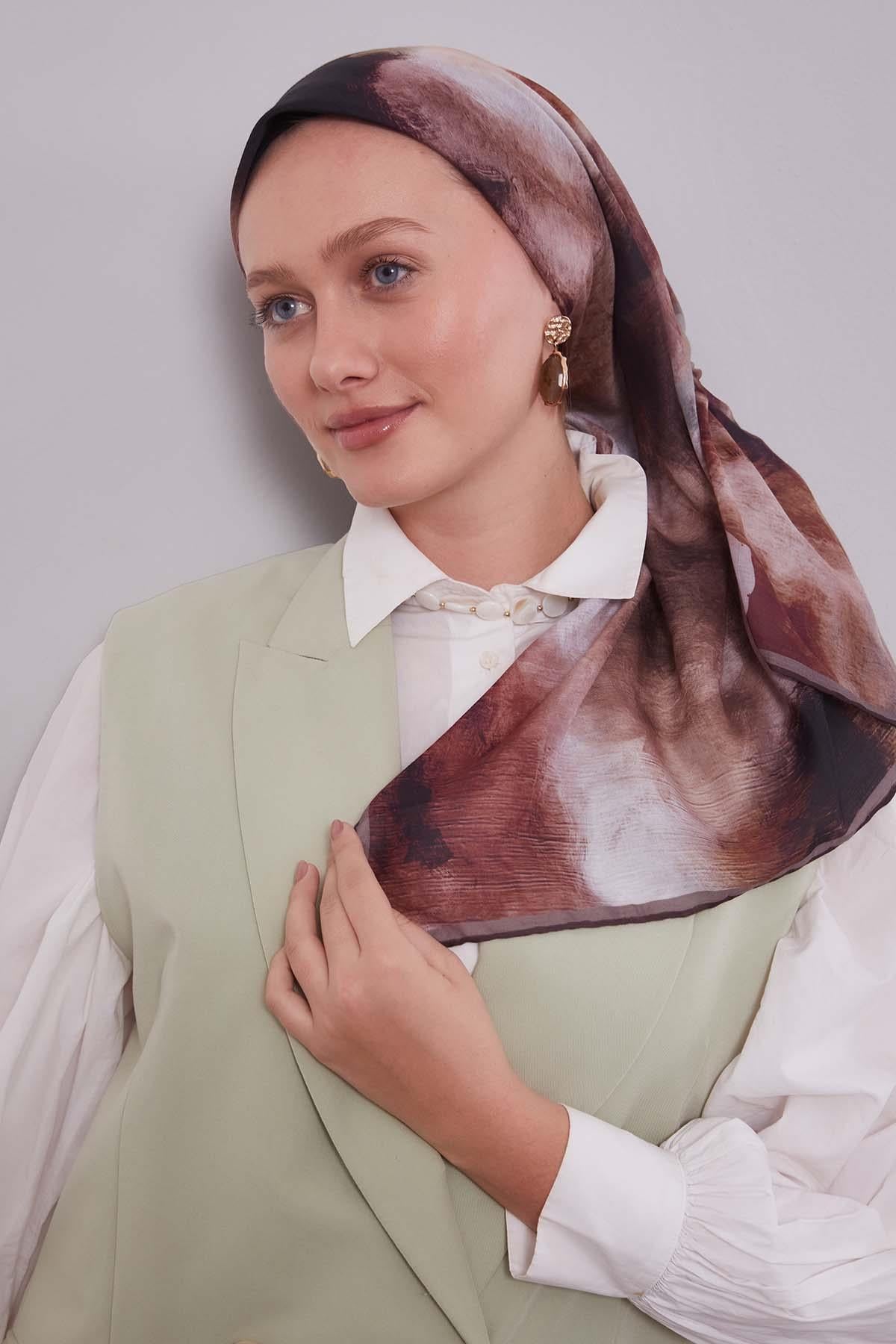 Fivescarf K.Kahve Lotus Çiçeği Silk Coton Eşarp
