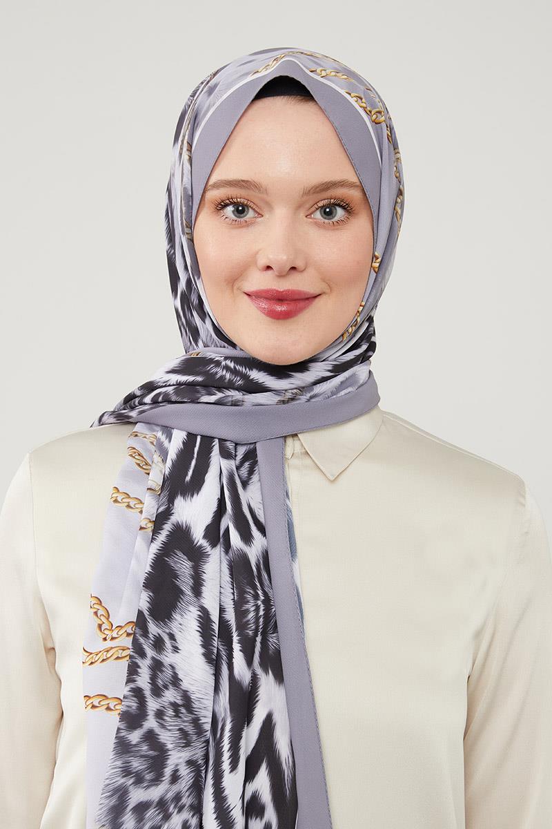 Fivescarf K.Gri Leopar Desen Violet Medine İpeği Şal