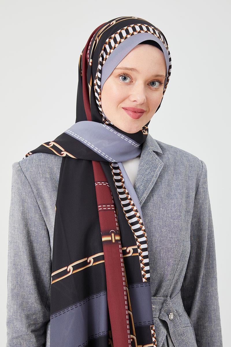Fivescarf K.Gri Zincir Desen Violet Medine İpeği Şal
