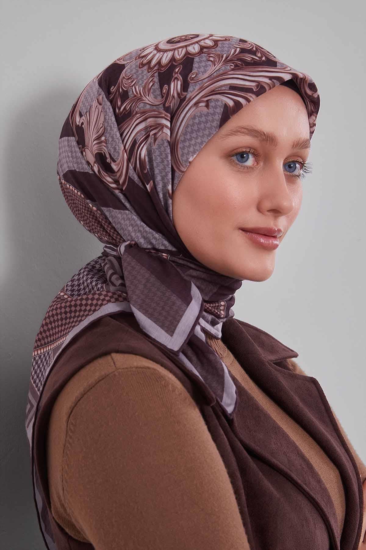 Fivescarf K.Kahve Boncuk Desen Silk Coton Eşarp