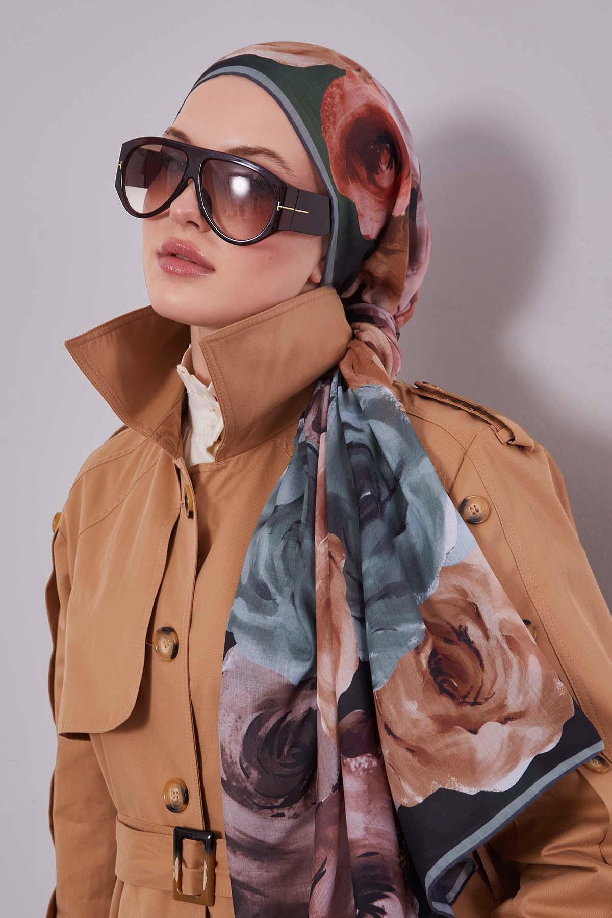 Fivescarf K.Yeşil Çiçek Desen Slik Coton Eşarp