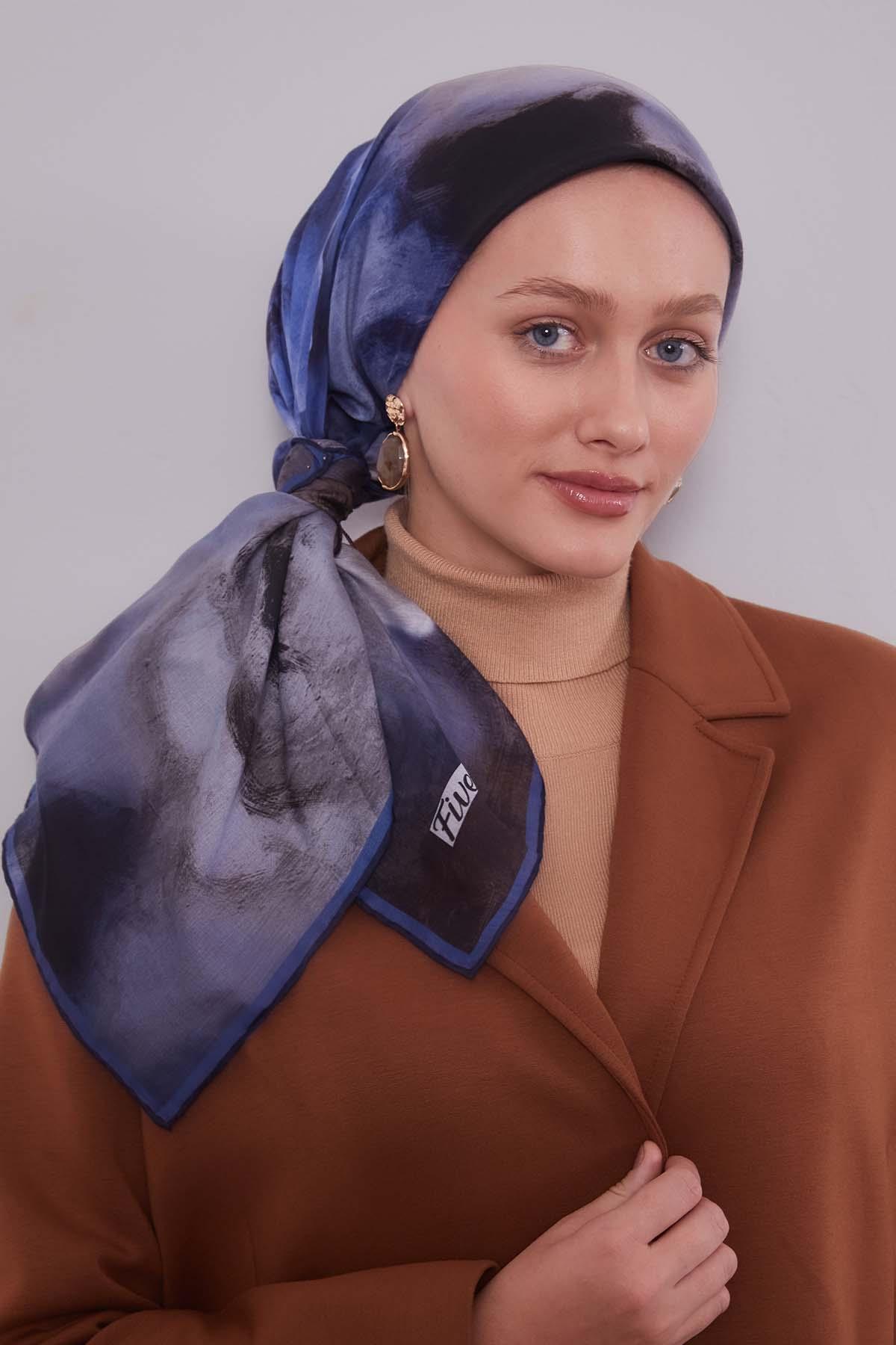 Fivescarf K.Lacivert Lotus Çiçeği Silk Coton Eşarp
